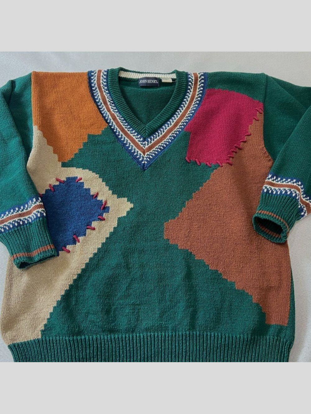 VTG John Henry cotton Green Geometric Patch Crewneck Sweater Sz L